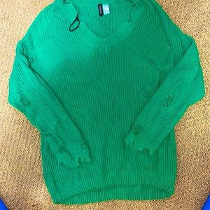 EUC H&M Divided Distressed Kelly Green Oversized Knit Sweater XS